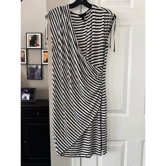 Soma Intimates Black White Stripe Wrap Dress Bamboo Spandex Knit Medium - Picture 2 of 7